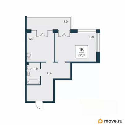1-комн. квартира, 60.8 м&sup2;