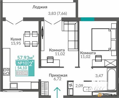2-комн. квартира, 54.1 м&sup2;