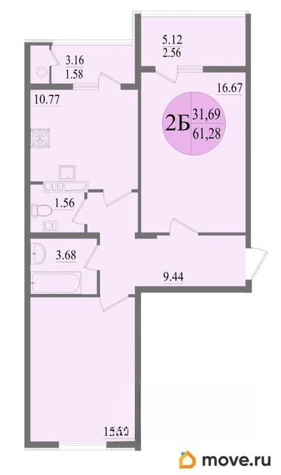 2-комн. квартира, 61.28 м&sup2;