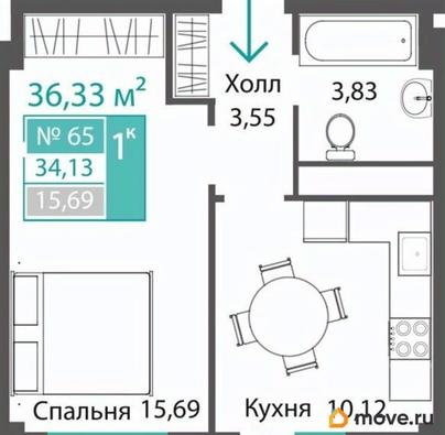 1-комн. квартира, 34.13 м&sup2;