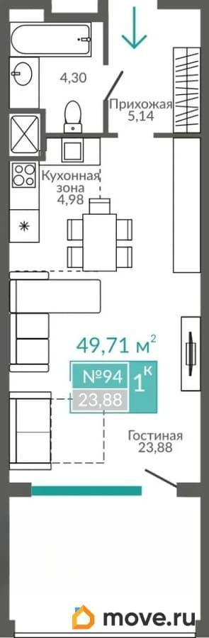 1-комн. апартаменты, 49.71 м&sup2;