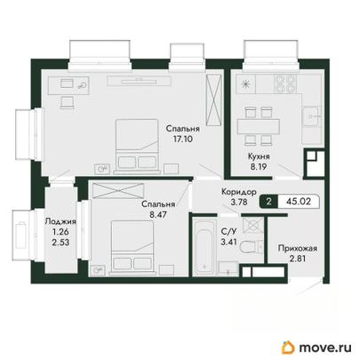 2-комн. квартира, 45.02 м&sup2;