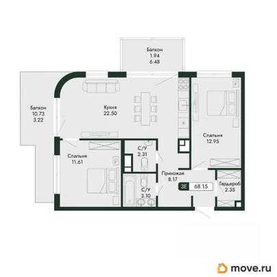 3-комн. квартира, 68.15 м&sup2;