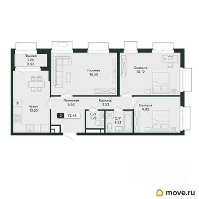 3-комн. квартира, 71.43 м&sup2;