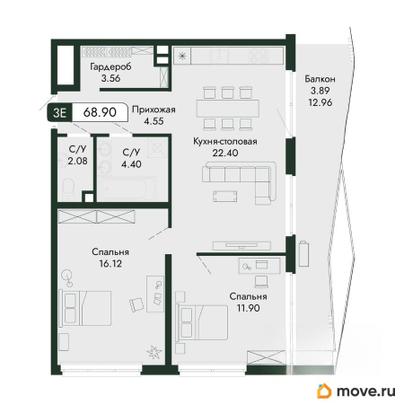 3-комн. квартира, 68.9 м&sup2;