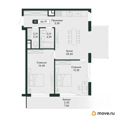 3-комн. квартира, 66.91 м&sup2;