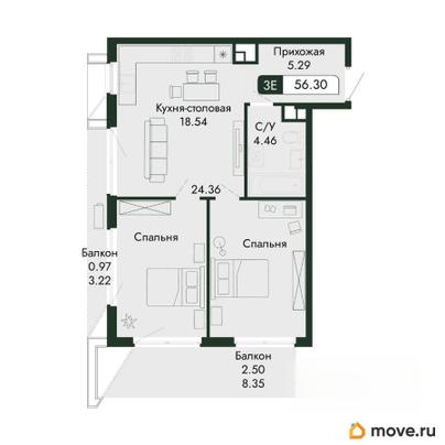3-комн. квартира, 56.3 м&sup2;