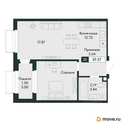 2-комн. квартира, 39.57 м&sup2;