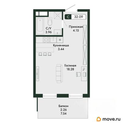 студия, 32.09 м&sup2;