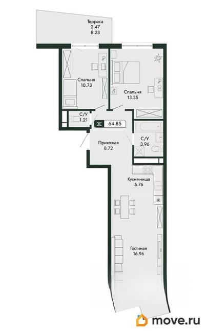 3-комн. квартира, 64.85 м&sup2;