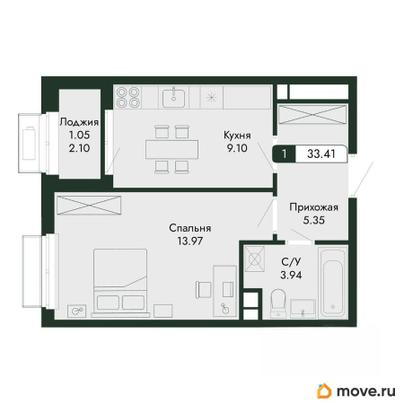 1-комн. квартира, 33.41 м&sup2;