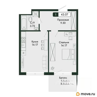 2-комн. квартира, 43.07 м&sup2;