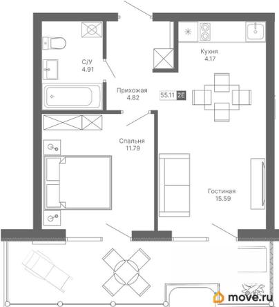 2-комн. апартаменты, 55.11 м&sup2;
