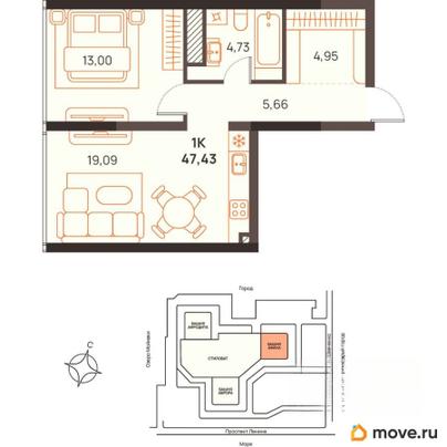 1-комн. квартира, 47.43 м&sup2;