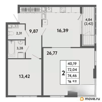 2-комн. квартира, 74.46 м&sup2;