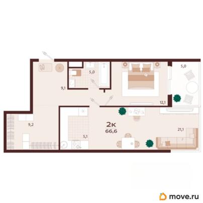 2-комн. квартира, 66.6 м&sup2;