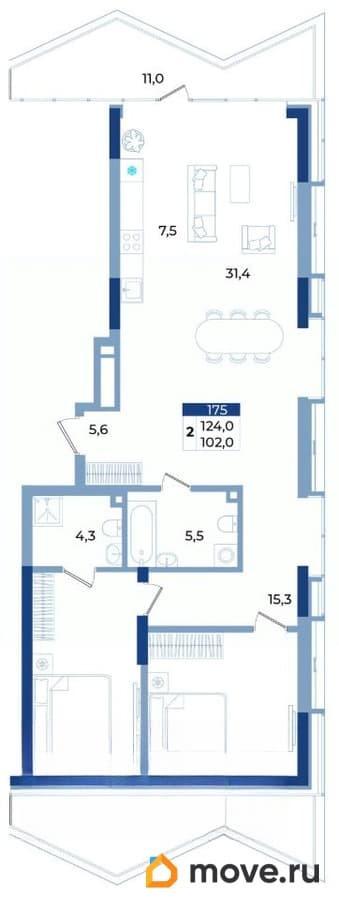 2-комн. апартаменты, 124 м&sup2;