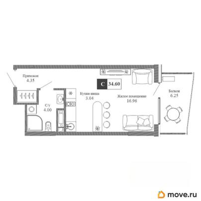 1-комн. апартаменты, 34.6 м&sup2;