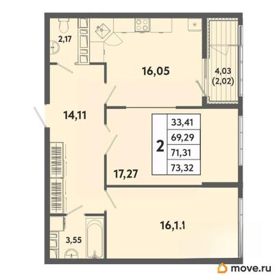 2-комн. квартира, 71.31 м&sup2;