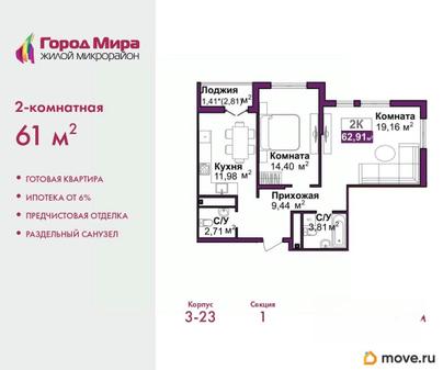 2-комн. квартира, 61 м&sup2;