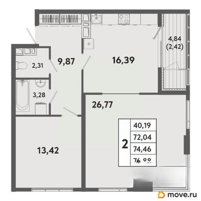 2-комн. квартира, 74.46 м&sup2;