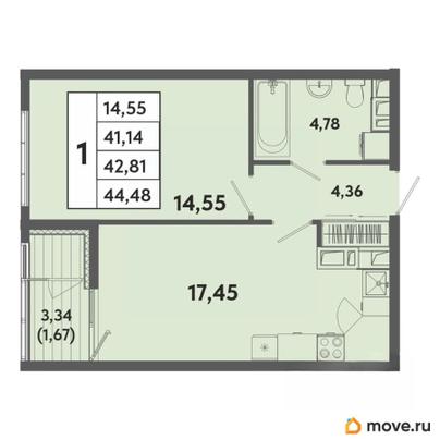 1-комн. квартира, 42.81 м&sup2;