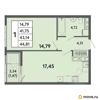 1-комн. квартира, 43.14 м&sup2;
