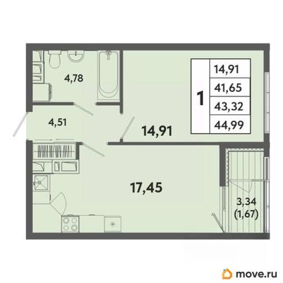 1-комн. квартира, 43.32 м&sup2;