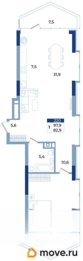 1-комн. апартаменты, 97.9 м&sup2;