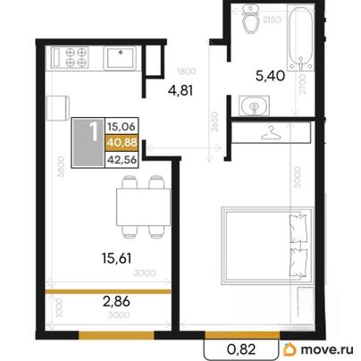 1-комн. квартира, 42.56 м&sup2;
