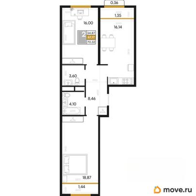 2-комн. квартира, 70.32 м&sup2;