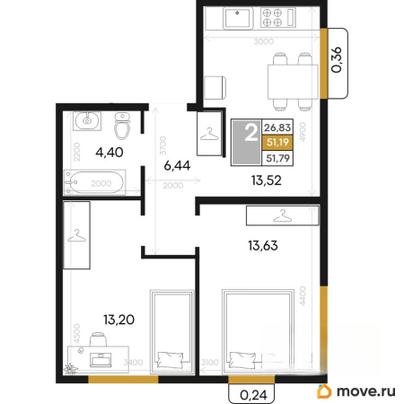 2-комн. квартира, 51.79 м&sup2;