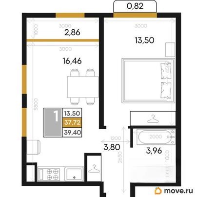 1-комн. квартира, 39.4 м&sup2;