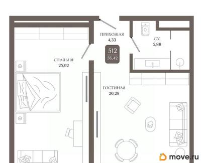 1-комн. апартаменты, 56.42 м&sup2;