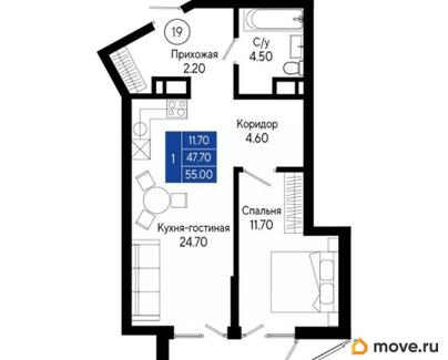 1-комн. квартира, 55 м&sup2;