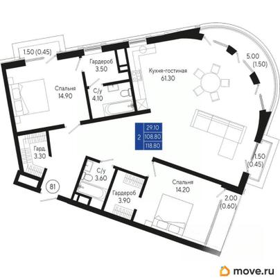 2-комн. квартира, 118.8 м&sup2;