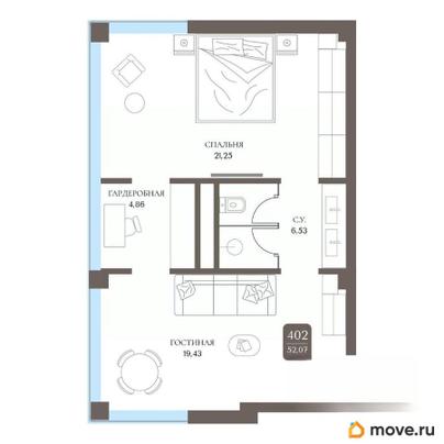 1-комн. апартаменты, 52.07 м&sup2;
