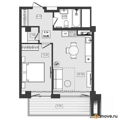 1-комн. апартаменты, 53.8 м&sup2;