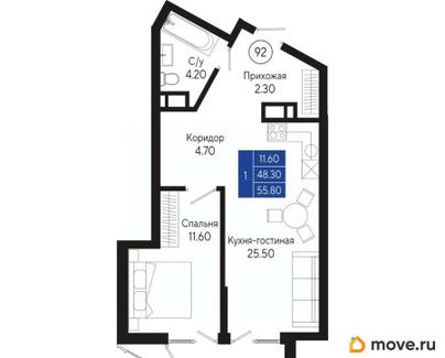 1-комн. квартира, 55.8 м&sup2;