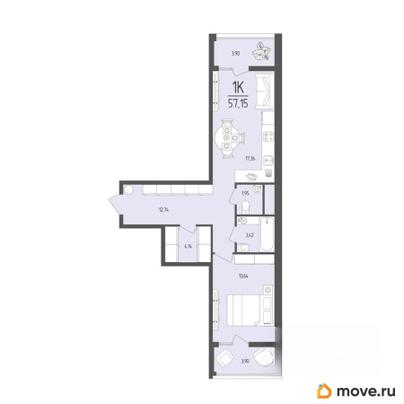 1-комн. квартира, 57.15 м&sup2;