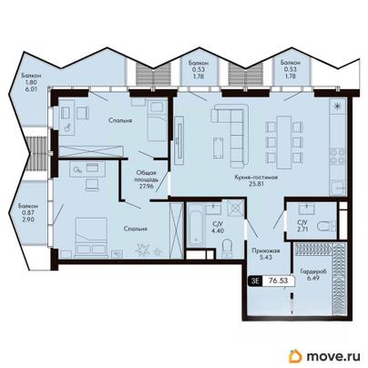 2-комн. квартира, 76.53 м&sup2;