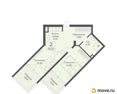 1-комн. апартаменты, 55.2 м&sup2;