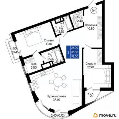 2-комн. квартира, 93 м&sup2;