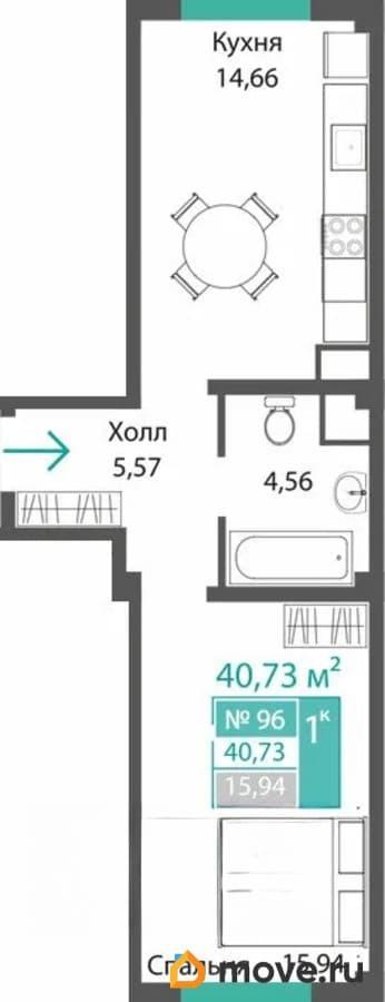 1-комн. квартира, 40.73 м&sup2;
