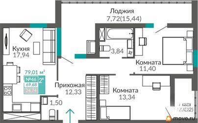 2-комн. квартира, 69.68 м&sup2;