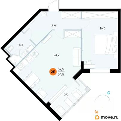 1-комн. апартаменты, 59.5 м&sup2;