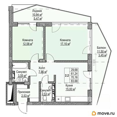 2-комн. квартира, 70.16 м&sup2;