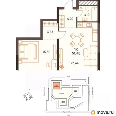 1-комн. квартира, 51.46 м&sup2;