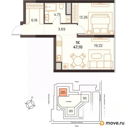 1-комн. квартира, 47.1 м&sup2;
