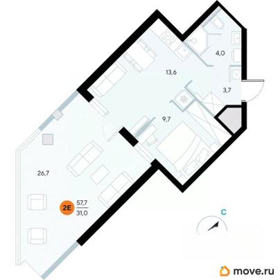 1-комн. апартаменты, 57.7 м&sup2;